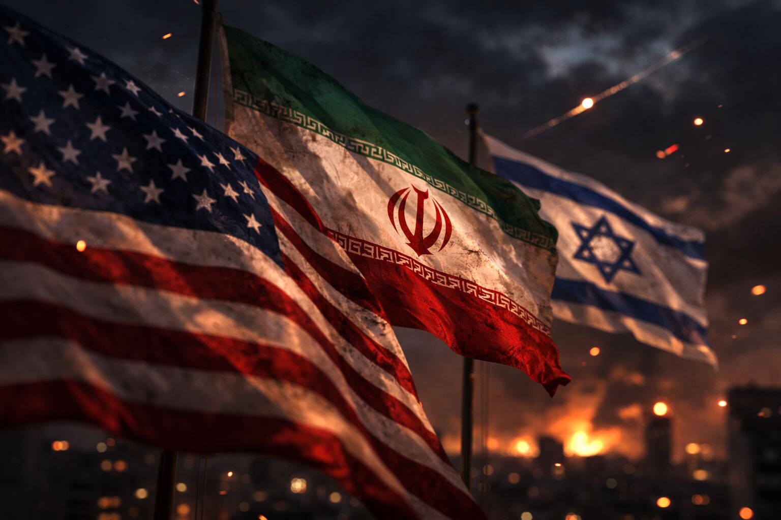 Flags representing Israel, the US, and Iran